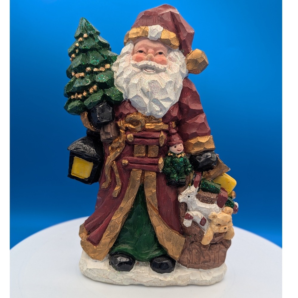Vintage 1990's ArtMark Chicago 8.5" Wood Like Resin Santa Christmas Tree Toys